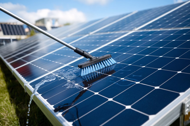 Photovoltaikpanel wird professionell gereinigt mit demineralisiertem Wasser und Spezialbürste